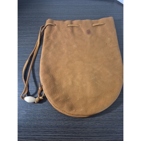 Vintage Genuine Leather Drawstring Pouch Camel Tan Color With Wooden Bead Accent - Picture 8 of 16